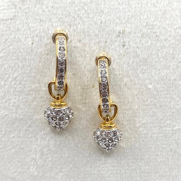 Vintage Gold Plated Two Tone Pave Rhinestones Heart Drop Half Hoop Studs - Picture 5 of 6